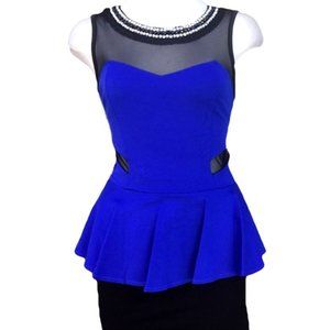 NEW IPONA Peplum Short Dress Sleeveless Illusion Neck Pearls Spandex  M